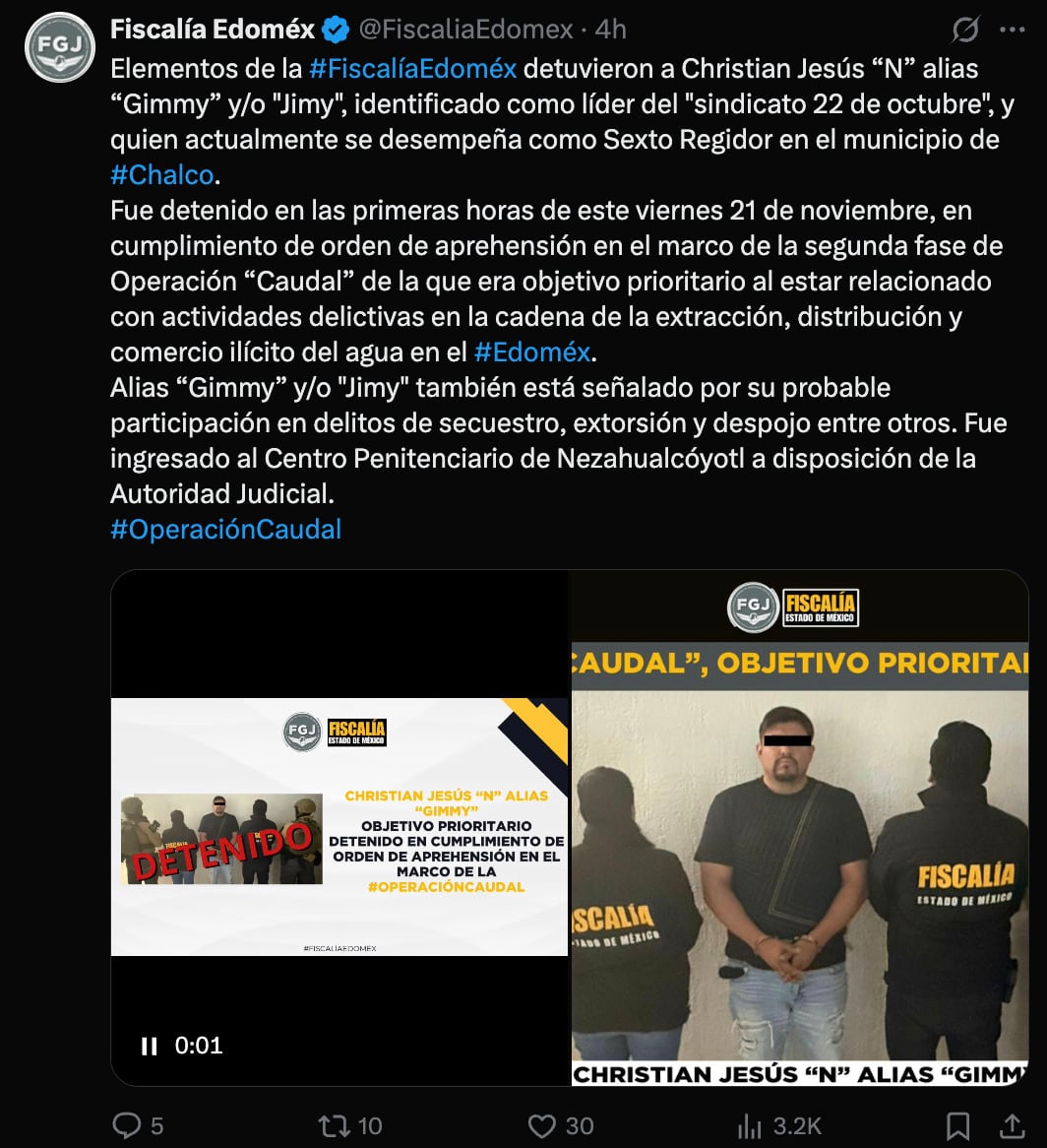 Detienen a Christian Jesús Castillo, regidor de Chalco