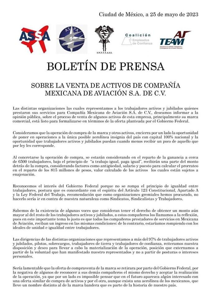 Boletín de prensa sobre venta de los activos de Mexicana de Aviación