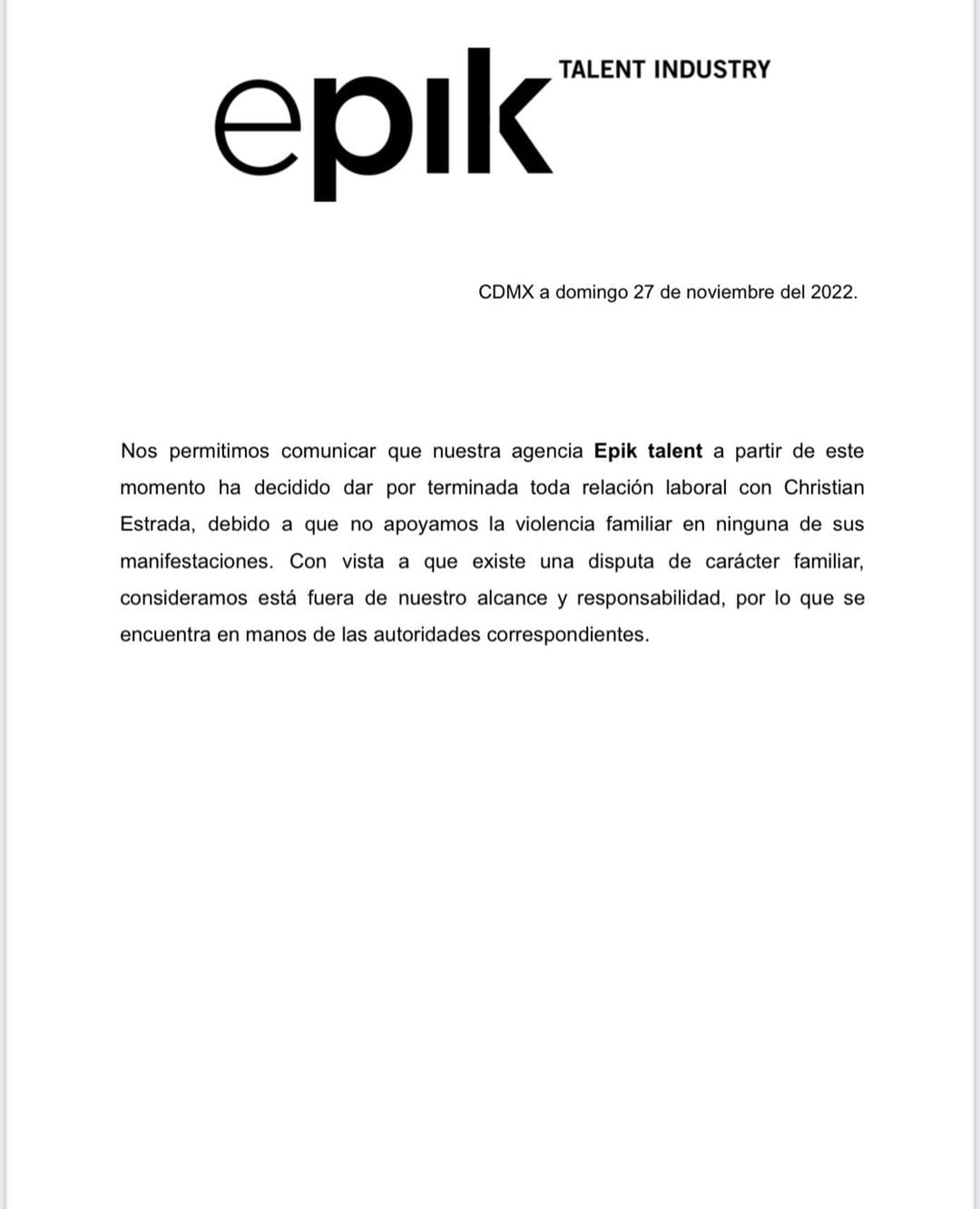 Agencia de RP de Christian Estrada de deslinda de él.