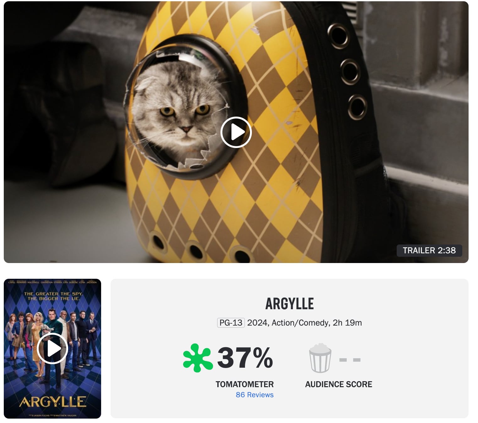 Calificación Argylle en Rotten Tomatoes