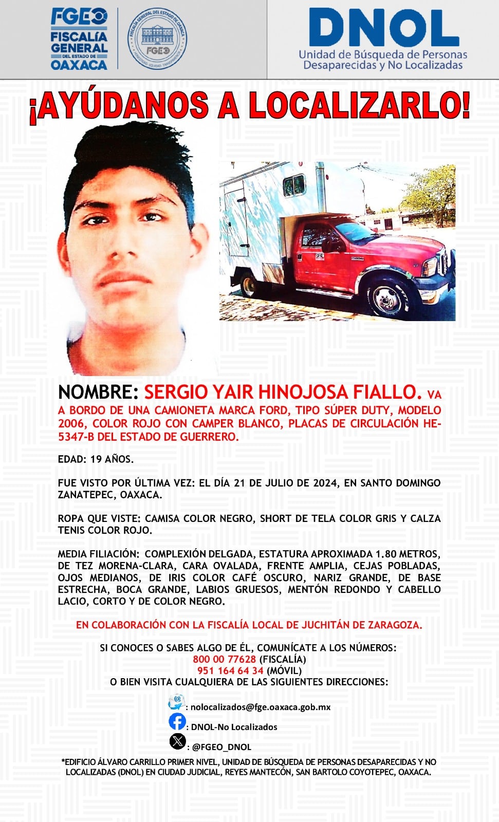 Ficha de búsqueda de los 5 jóvenes indígenas que desaparecieron en el Istmo de Tehuantepec