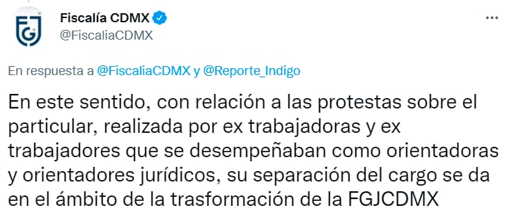Tuit de la FGJCDMX sobre el despido de sus trabajadores
