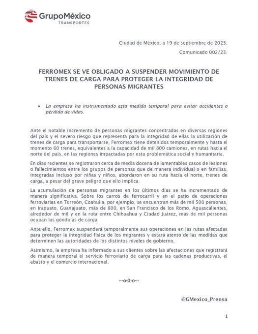 Ferromex de Grupo México toma polémica medida por aumento de migrantes