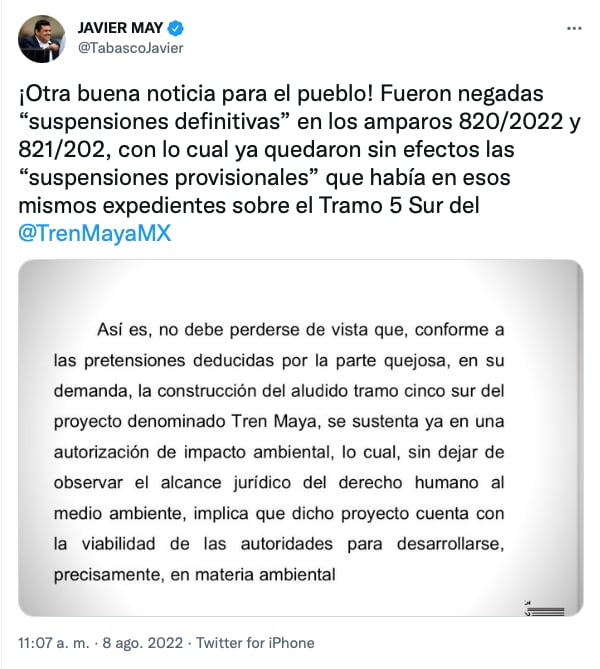 Javier May, director de Fonatur informa de la negación de 2 suspensiones definitivas/@TabascoJavier