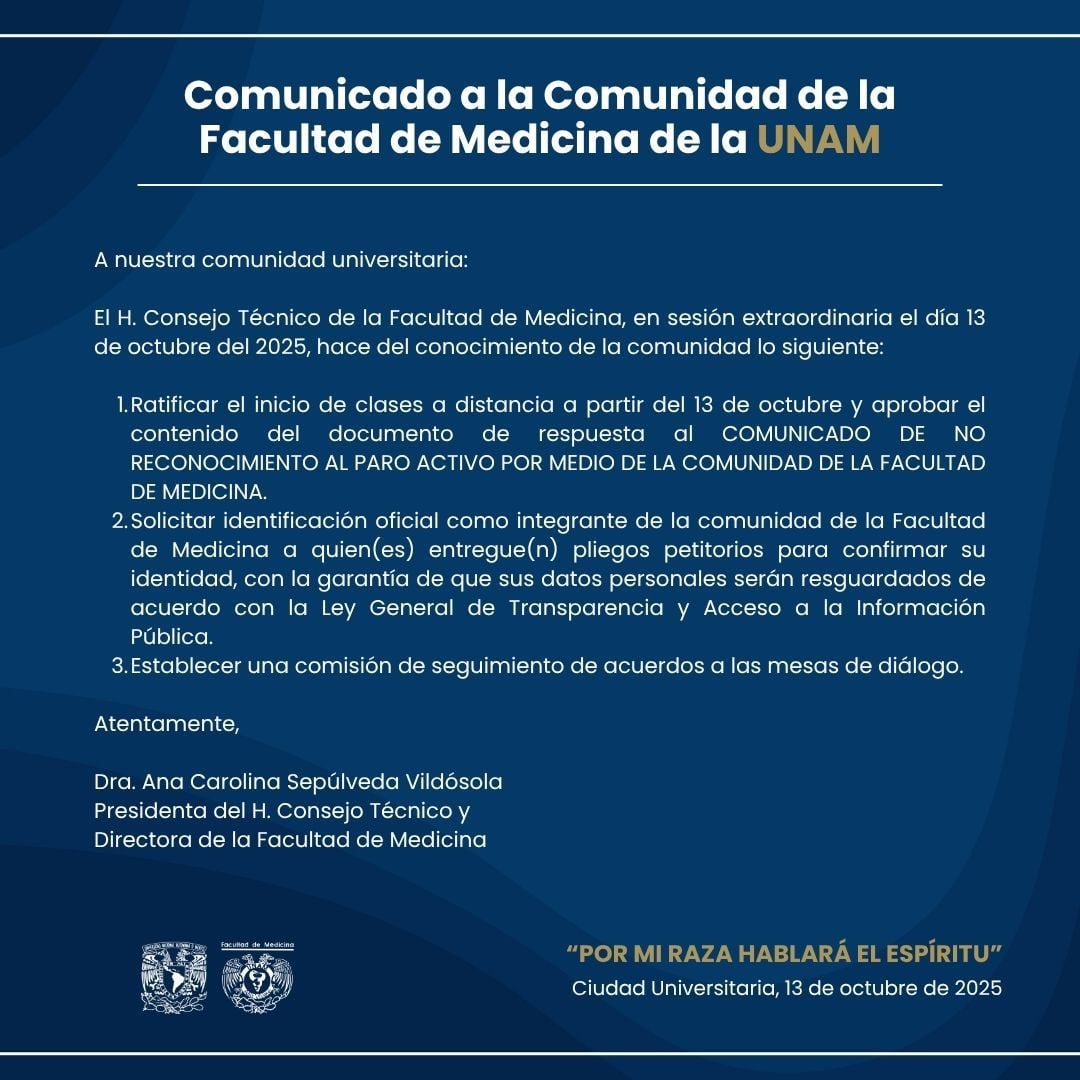 Comunicado de la Facultad de Medicina UNAM