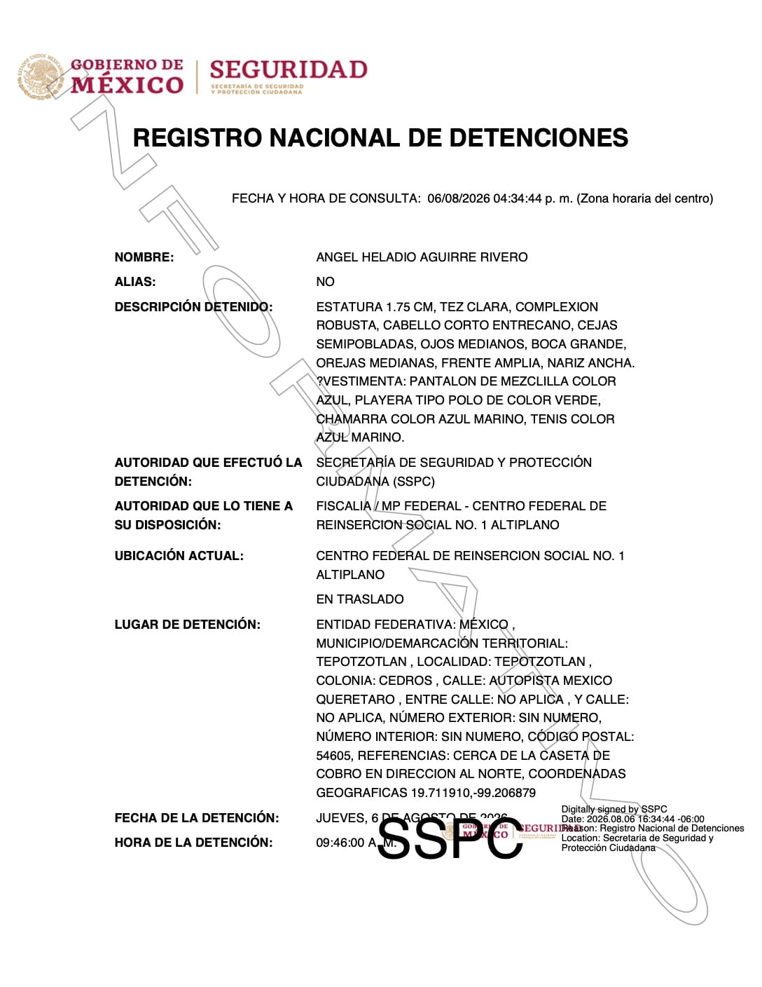 Ficha de detención de Angel Aguirre