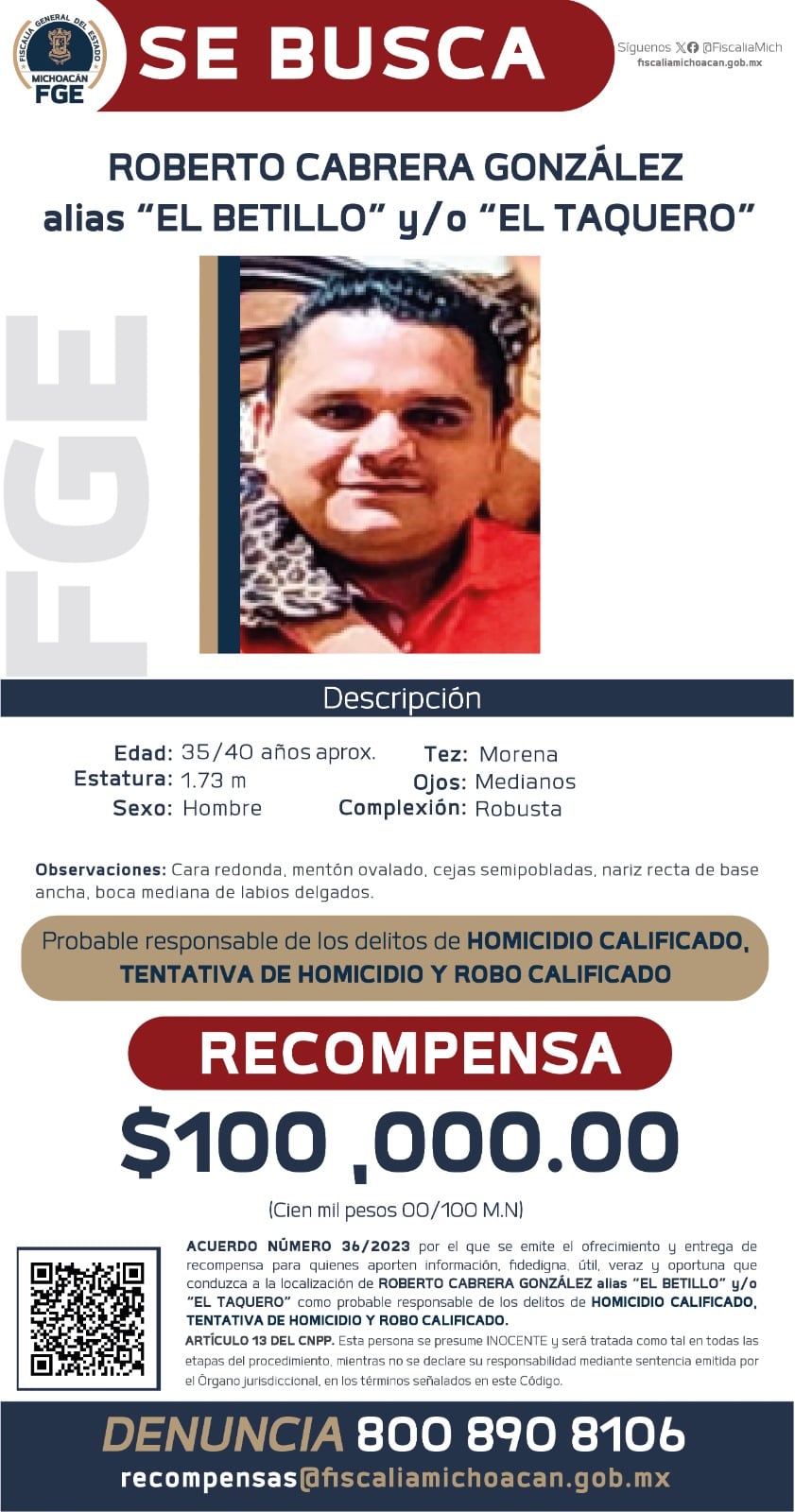 Fiscalía de Michoacán ofrece recompensa de 100 mil pesos para localizar a involucrados en el asesinato de Hipólito Mora