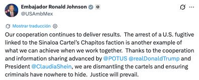Ronald Johnson celebra cooperación entre México y Estados Unidos para la desmantelación de cárteles