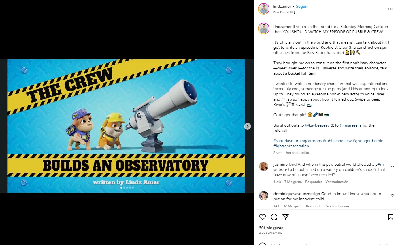 Lindz Amer, creador de River, celebra inclusión del primer personaje LGBT de la serie Paw Patrol