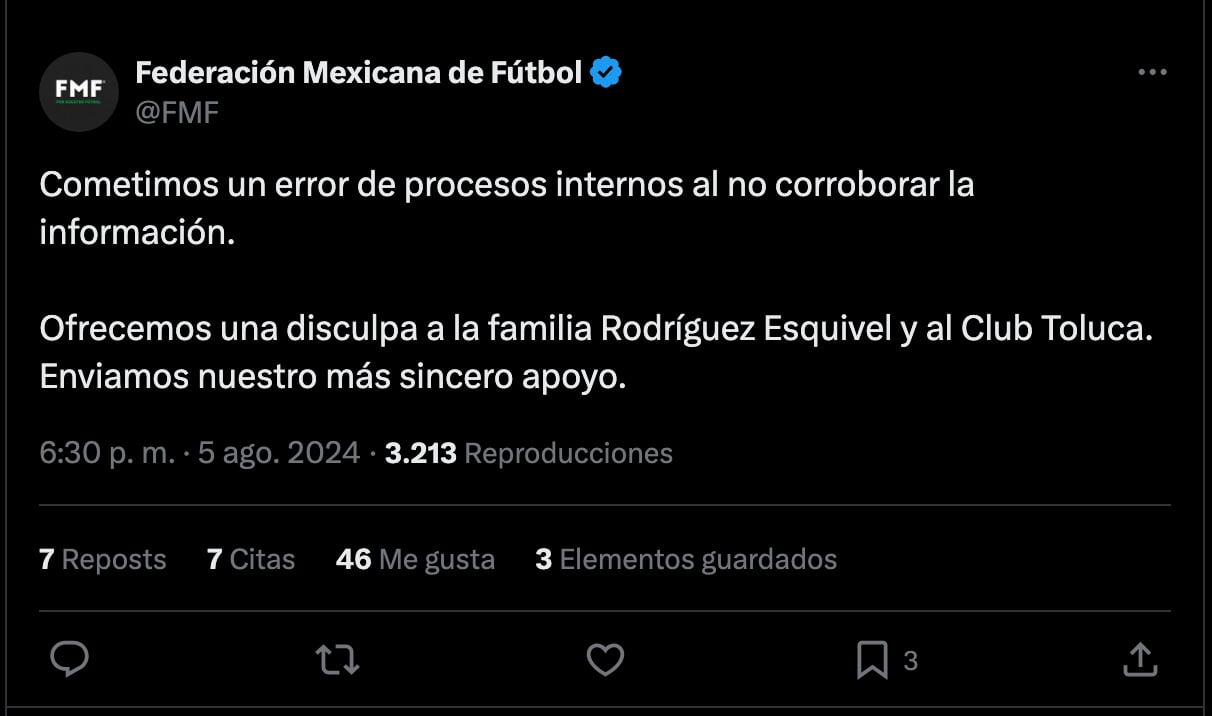 FMF pide disculpas tras cometer error en redes sociales.