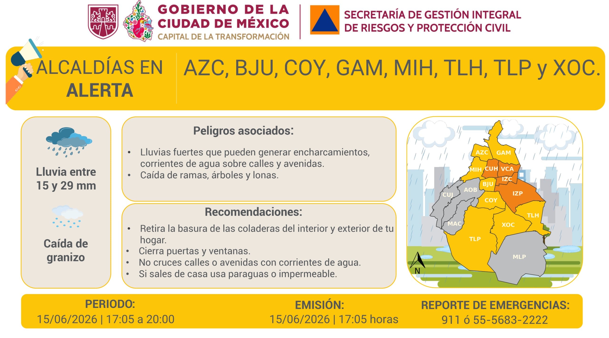 CDMX activa alerta amarilla por lluvias y granizo