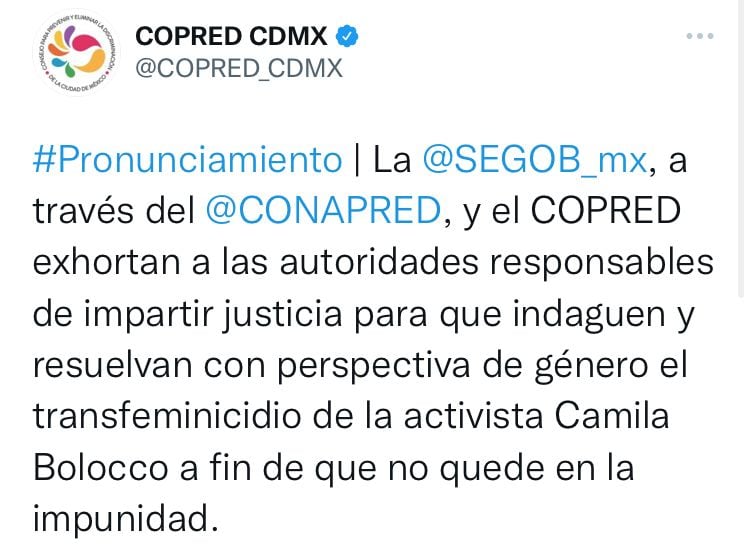 Pronunciamiento sobre el transfeminicidio de Camila Bolocco