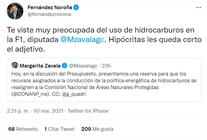 Fernández Noroña se burla de Margarita Zavala por haber asistido a la Fórmula 1/ @fernandeznorona