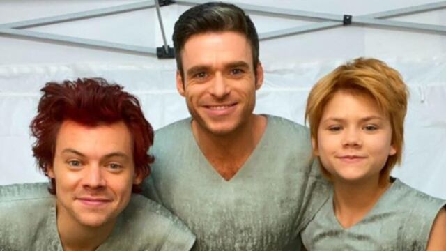 Harry Styles, Richard Madden y Lia Mchugh en el set de Eternals