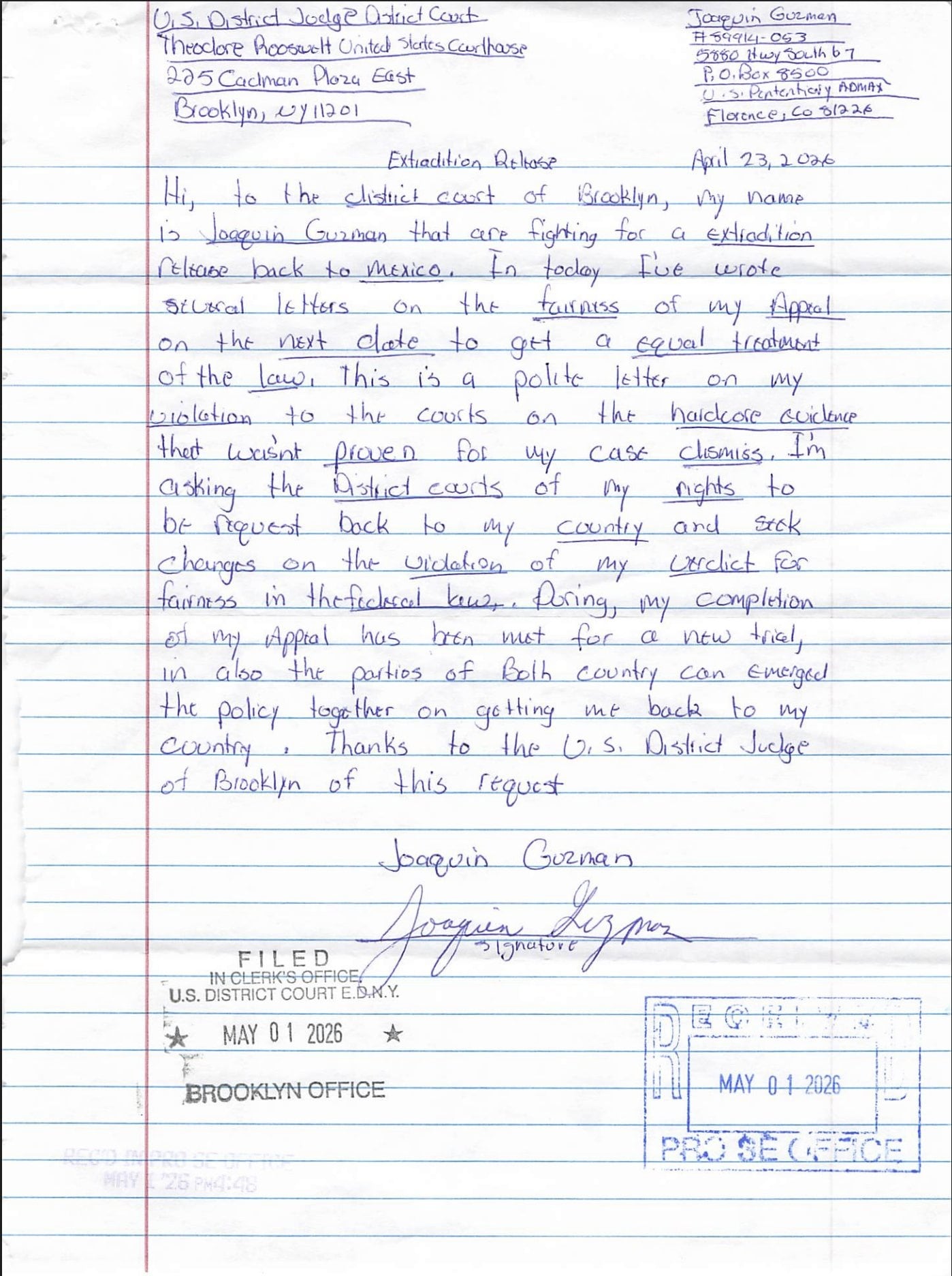 Supuesta carta del Chapo Guzmán