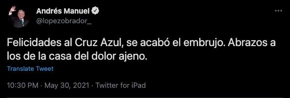 AMLO felicita al Cruz Azul