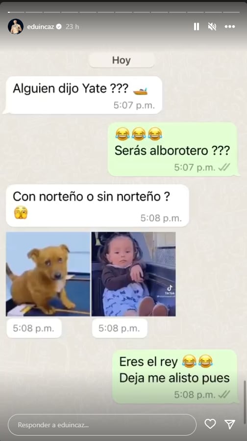 Instagram storie de Eduin Caz demostrando que lo sonsacaron para hacer fiesta en yate