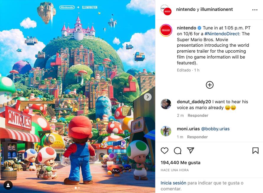 La película de Mario Bros. tendrá un Nintendo Direct donde revelará más detalles