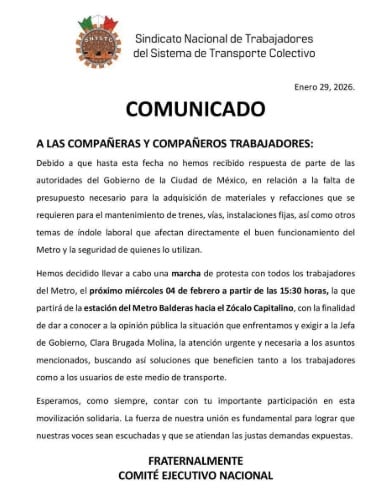 Sindicato anuncia manifestación por peticiones para el Metro CDMX.