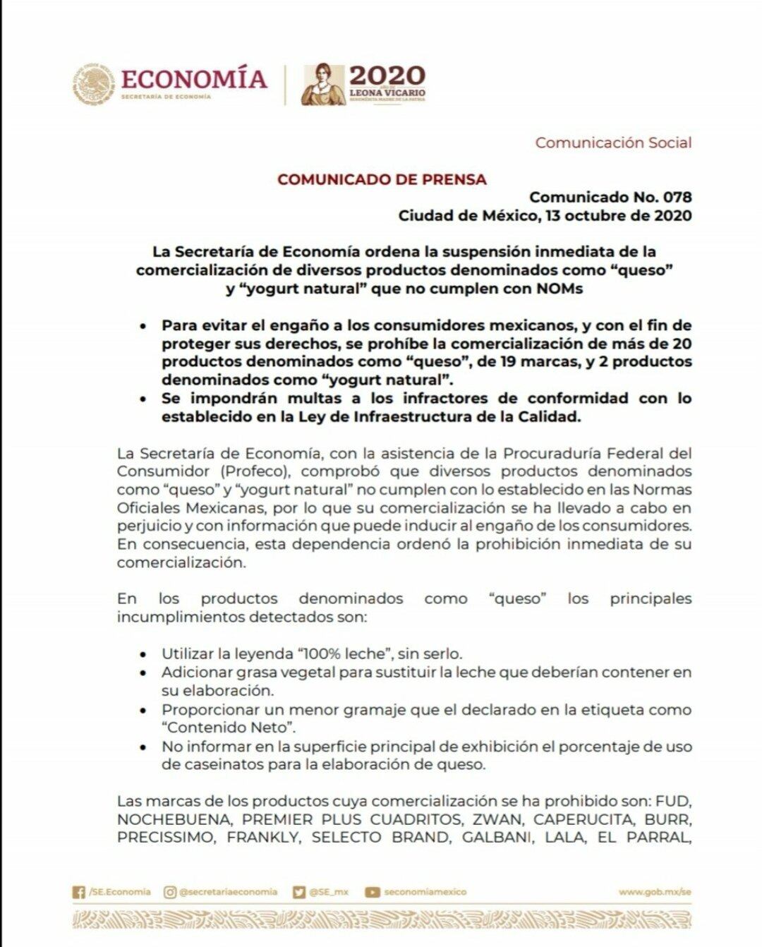 Comunicado de la Secretaría de Economía