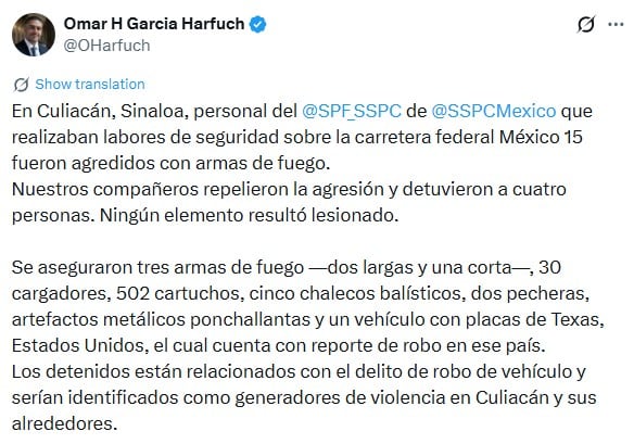 Detienen a generadores de violencia de Culiacán tras ataque a SSPC