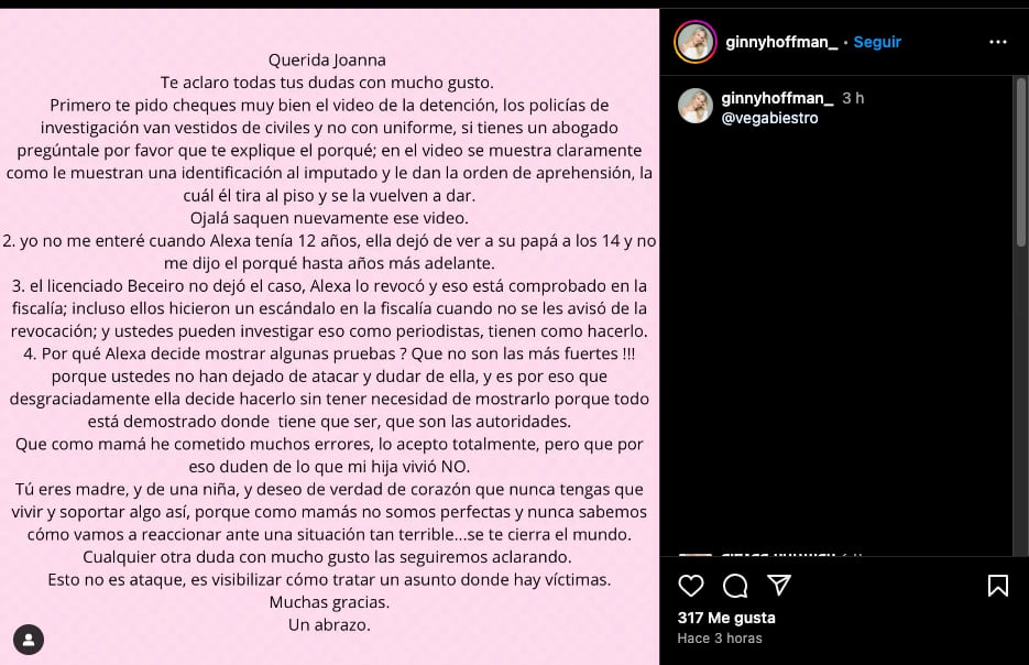 Ginny Hoffman responde a Joana Vega-Biestro para defender a Alexa Hoffman