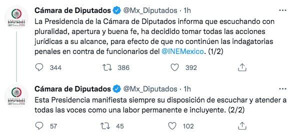 Tuit de la Cámara de Diputados