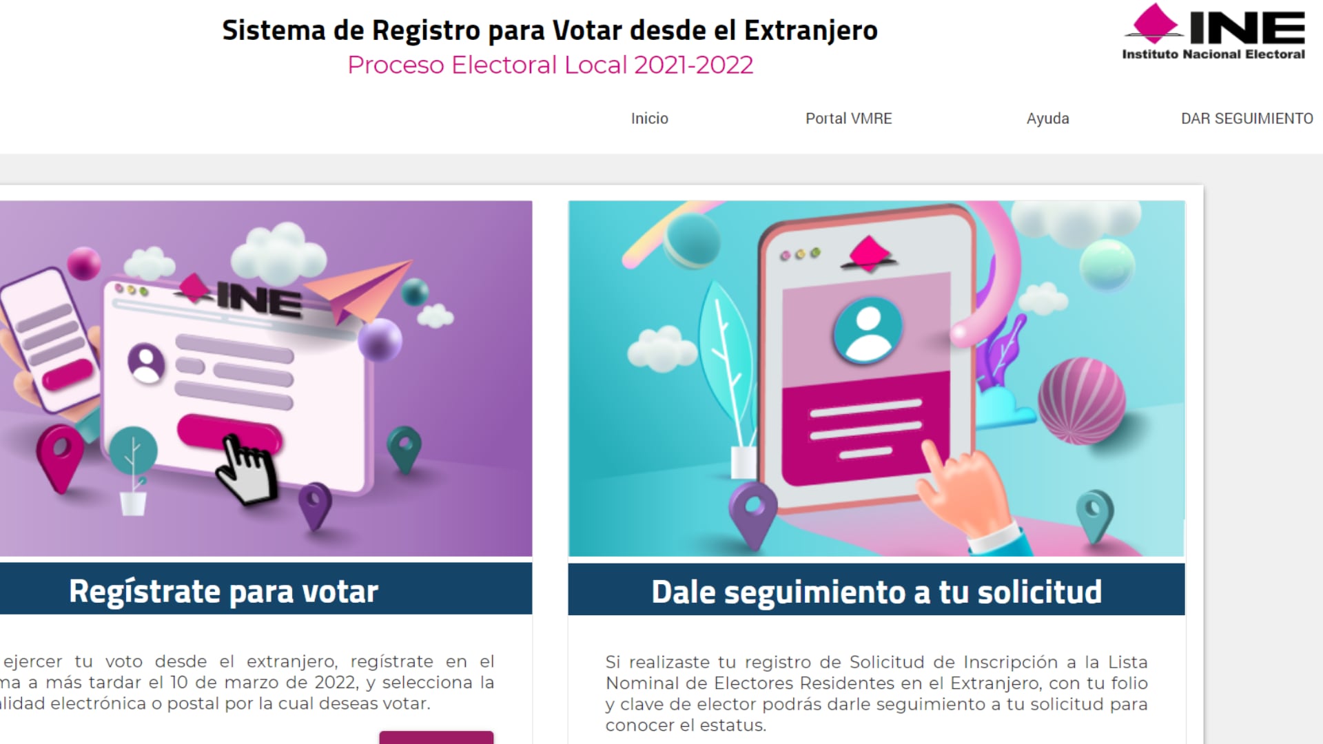 Página del Sistema de Registro para Votar desde el Extranjero del INE