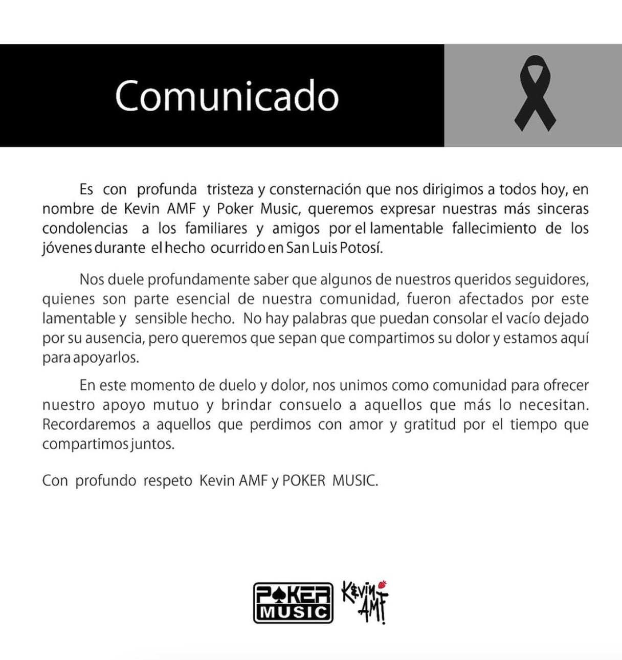 Comunicado de Poker Music tras la tragedia en el antro RICH de San Luis Potosí