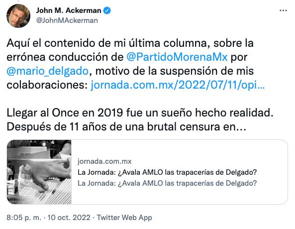 John M. Ackerman afirma que suspendieron su espacio en La Jornada por criticar dirigencia de Morena