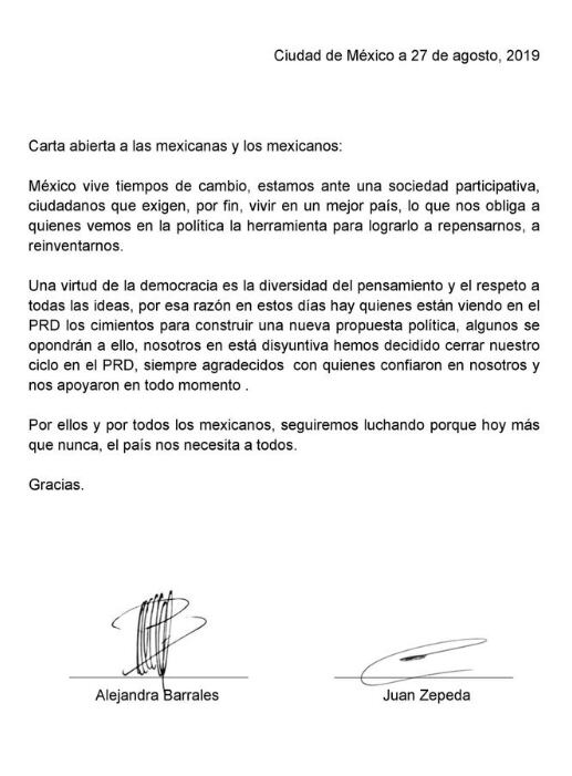 Carta de salida de Alejandra Barrales y Juan Zepeda