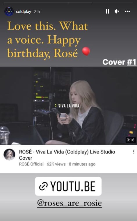 Instagram Storie de Coldplay felicitando a Rosé