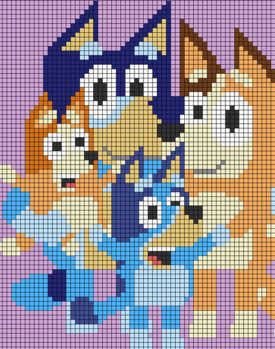 Bluey con su familia en punto de cruz