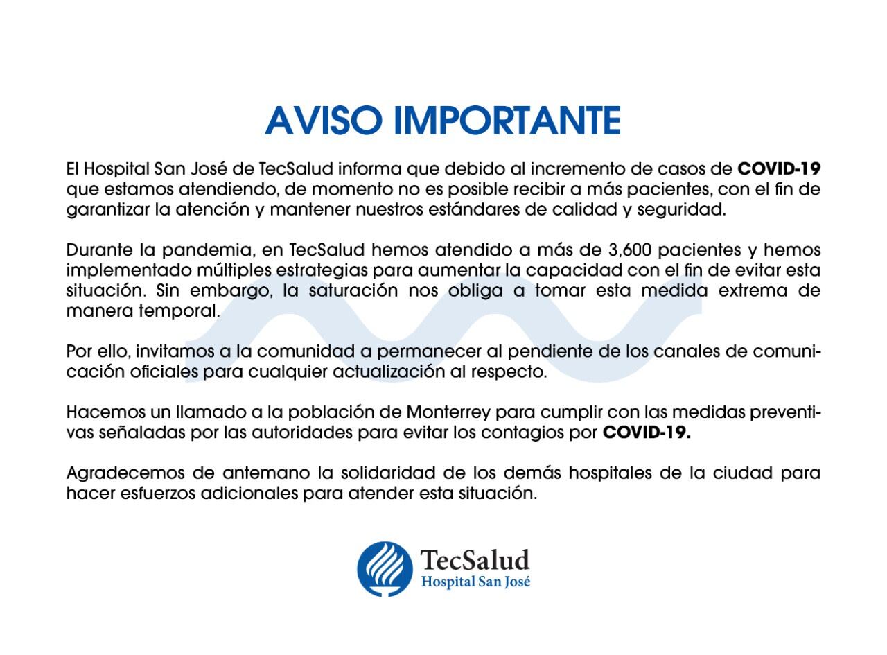 Hospital San José, sin capacidad para recibir pacientes Covid-19