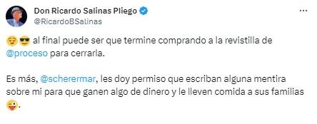 Tuit de Ricardo Salinas Pliego sobre la revista Proceso