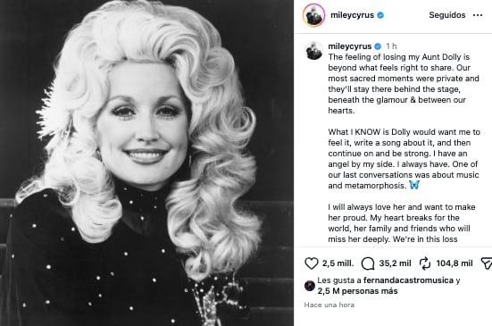 Miley Cyrus con el corazón roto por la muerte de Dolly Parton