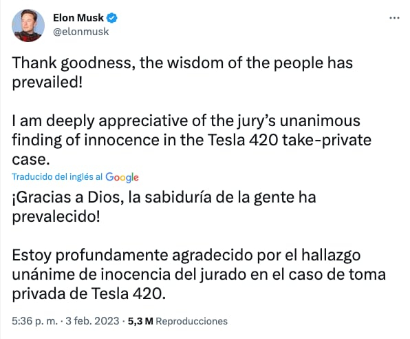 Elon Musk agradece veredicto del jurado