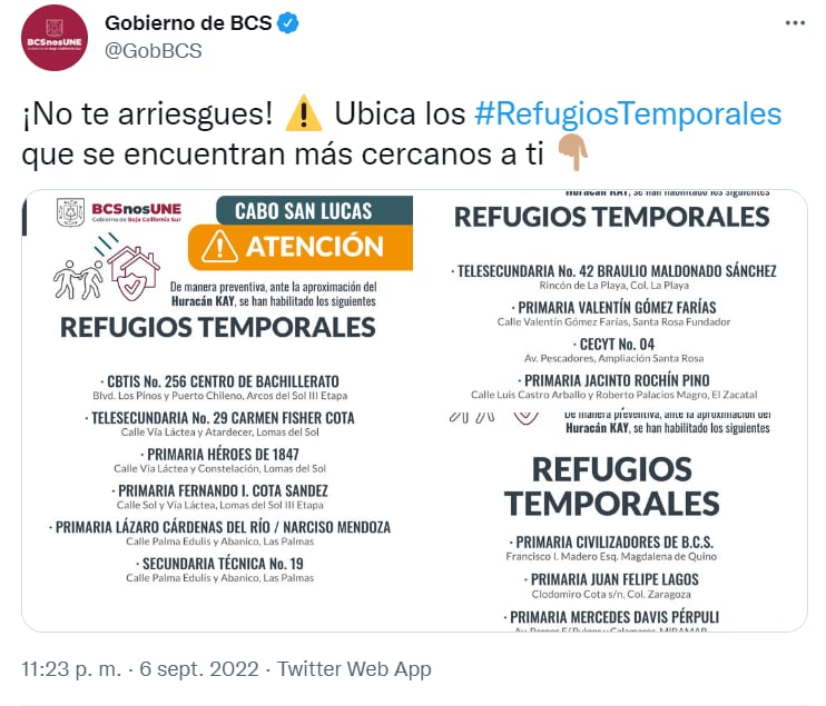 Baja California Sur activa refugios temporales por el huracán Kay