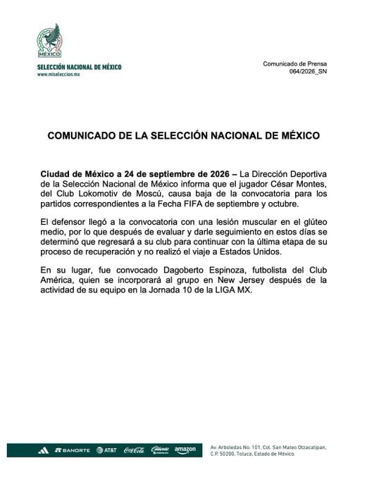 Selección Mexicana confirma la baja de César Montes para la Fecha FIFA.