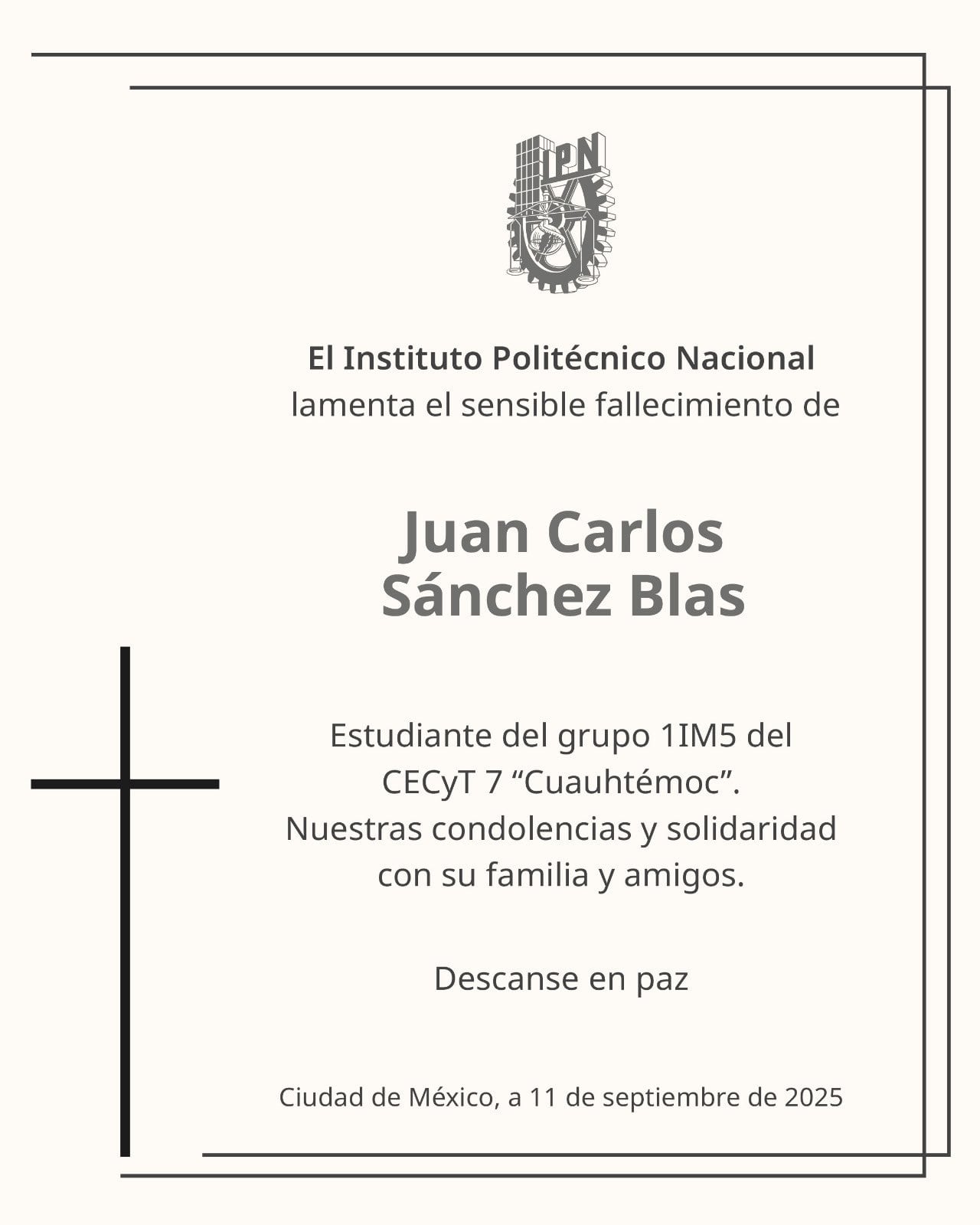 Juan Carlos Sánchez, de 15 años de edad y estudiante del IPN, también murió en la explosión del Puente de la Concordia