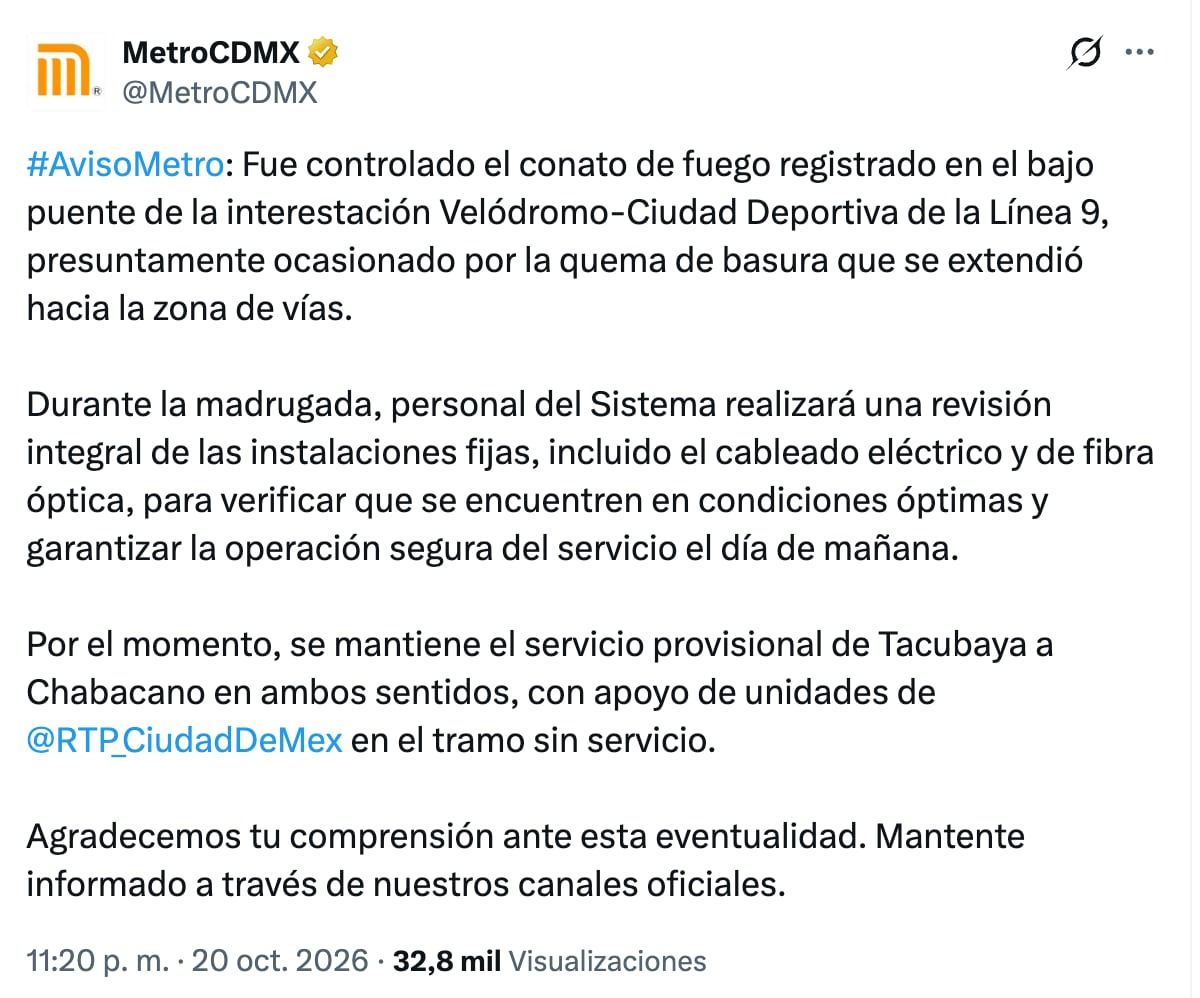 Se registra incendio en la Línea 9 del Metro CDMX