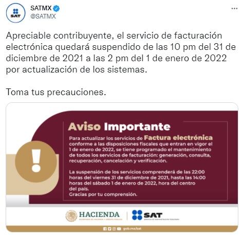 SAT anuncia suspensión de facturación electrónica