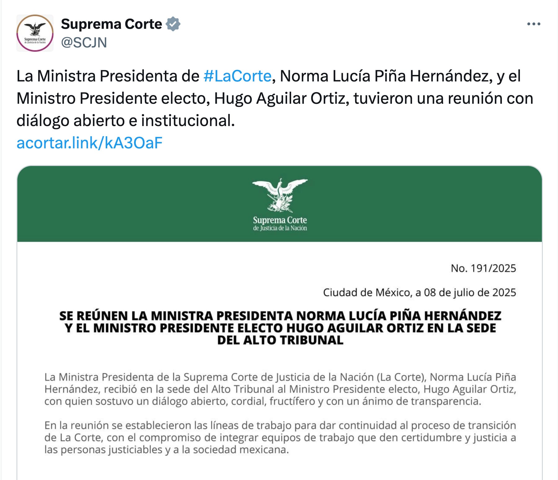 Norma Piña y Hugo Aguilar Ortiz se reunieron