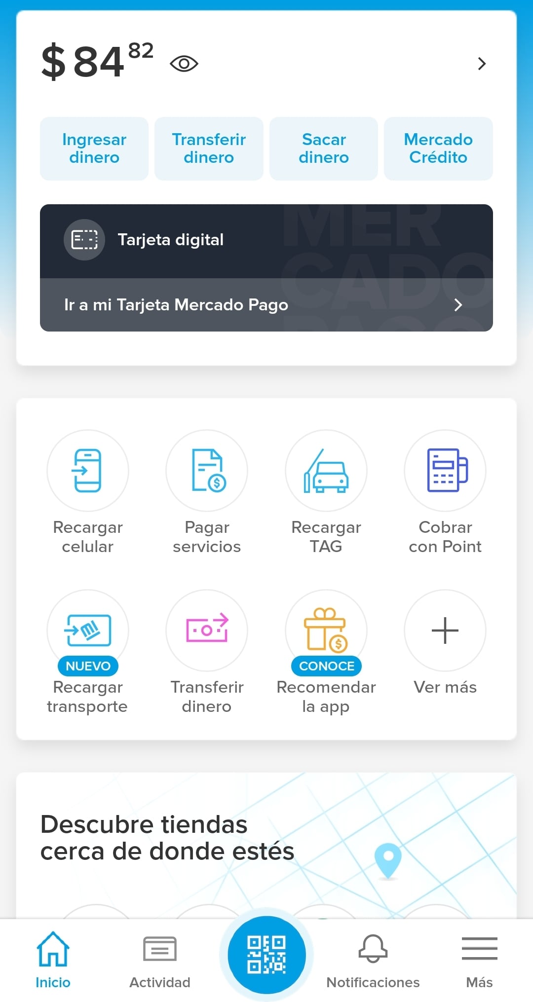 Pantalla inicial de la aplicación Mercado Pago