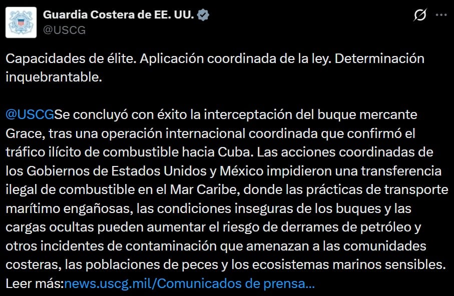 Guardia Costera de Estados Unidos intercepta al buque Grace con combustible rumbo a Cuba