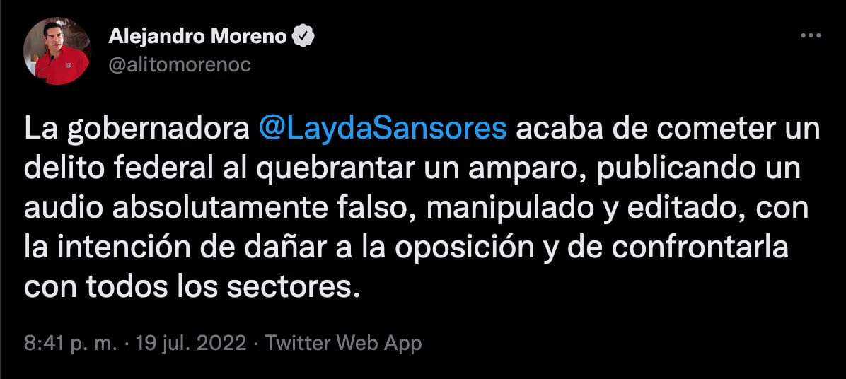 Alejandro Moreno denuncia que Layda Sansores cometió delito federal al difundir nuevo audio