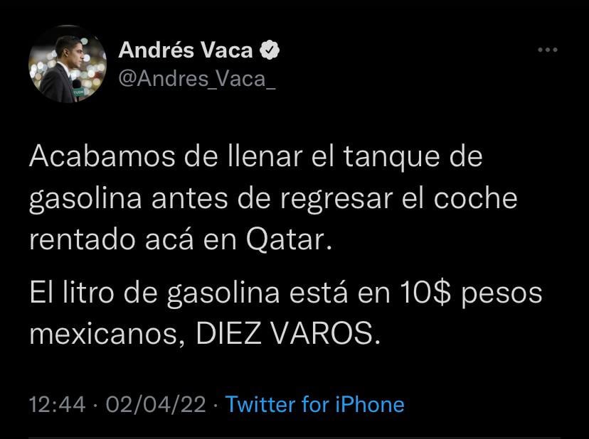Andrés Vaca celebró que la gasolina en Qatar es más barata que en México.