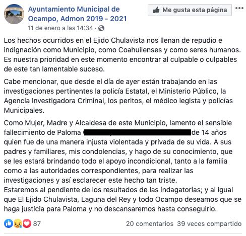 Condolencias del municipio de Ocampo por feminicidio de Paloma.