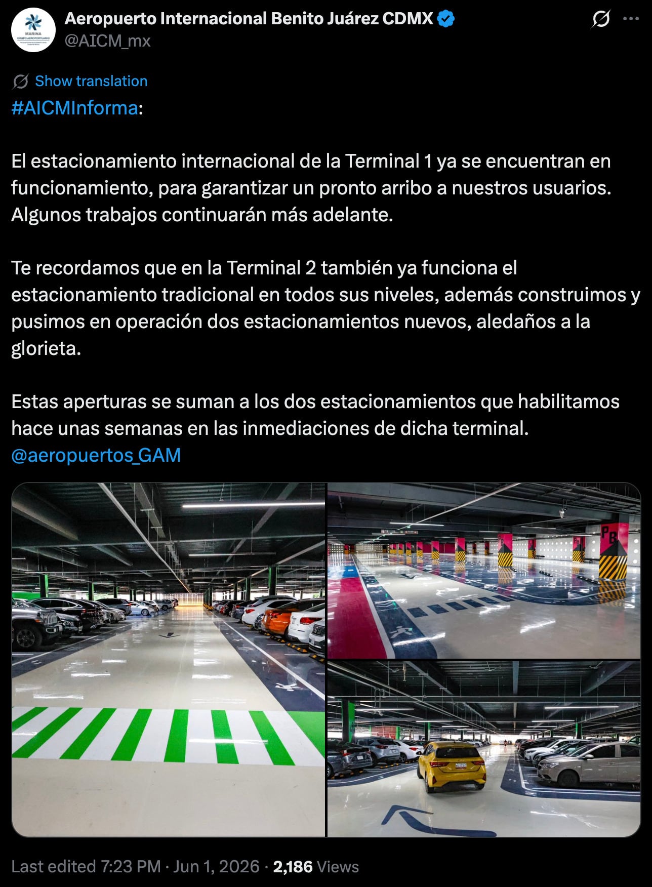 AICM reabre estacionamiento internacional de la Terminal 1 tras concluir obras