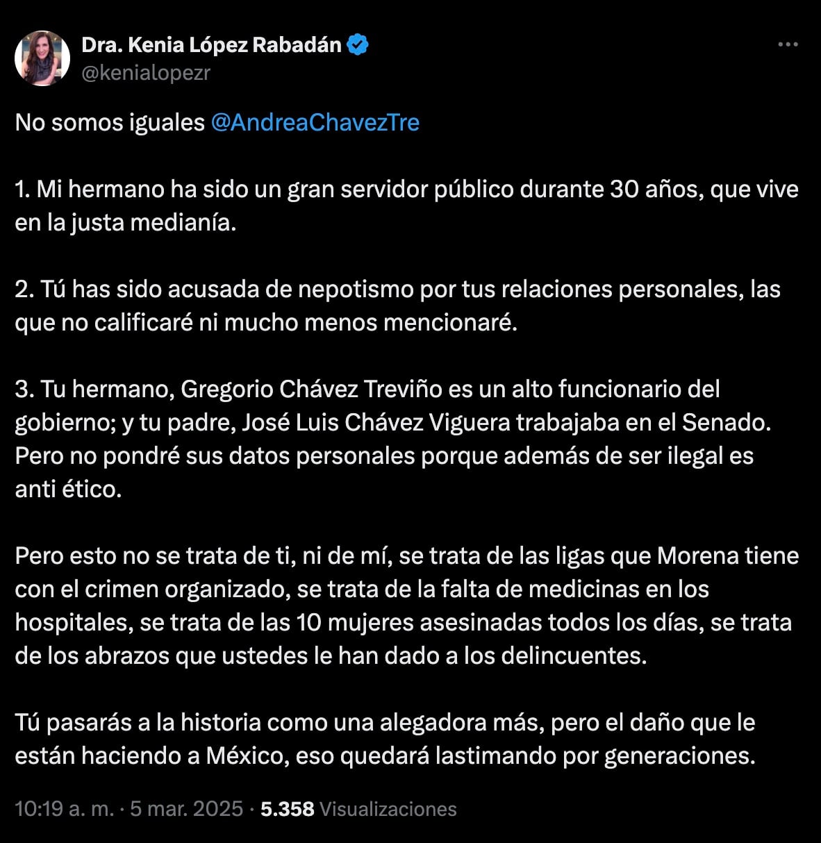Kenia López Rabadán da nombres de familiares de Andrea Chávez en el gobierno